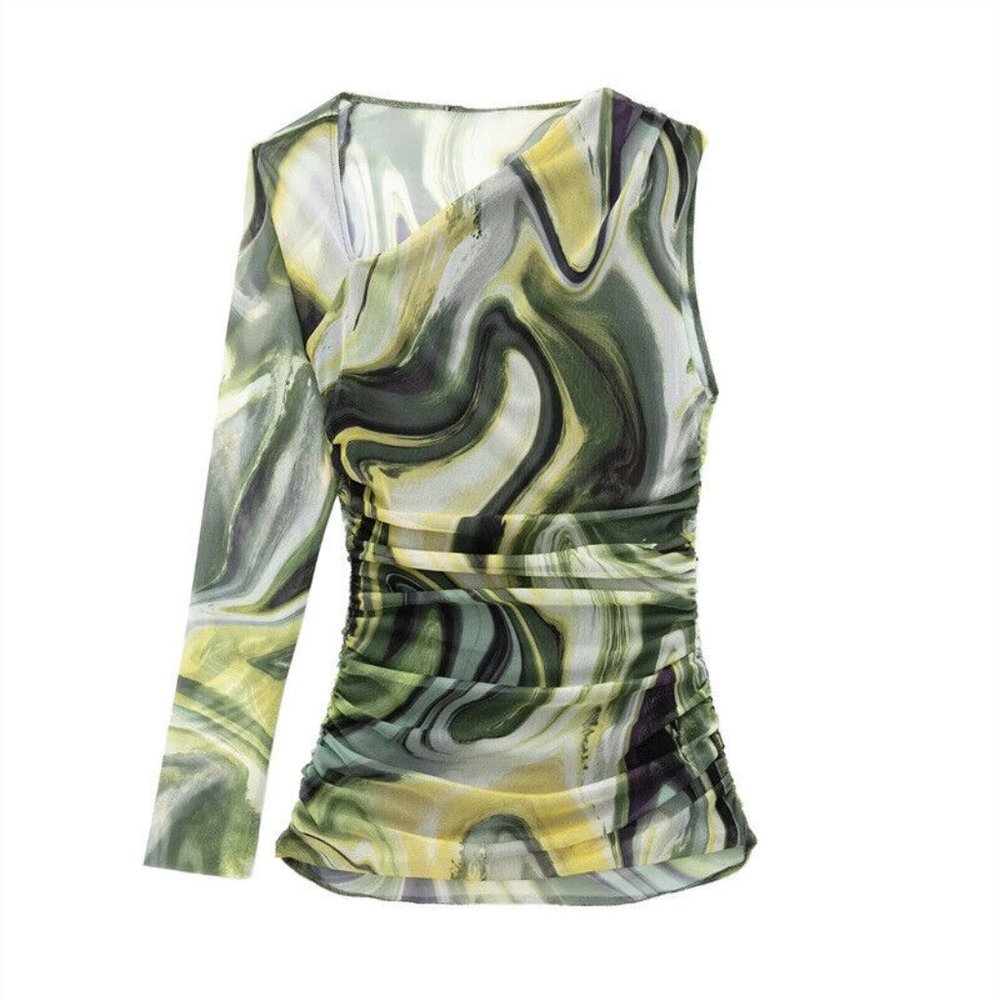 New Green Marble Swirl Mesh Asymmetric Top Size Large Like Zara